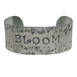 Handmade motivational floral design  
adjustable silver‎ wide cuff bracelet